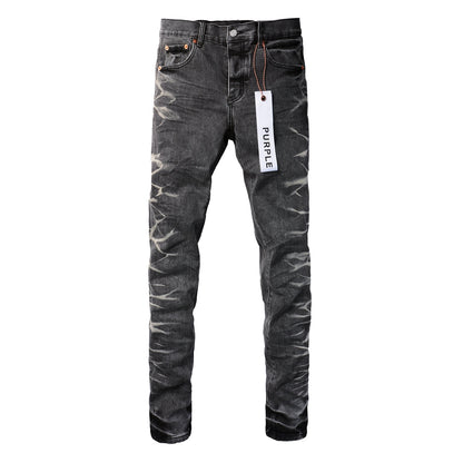 PURPLE  Men Streetwear Skinny Jeans Dark Gray Wash with White Marbled Texture 9056
