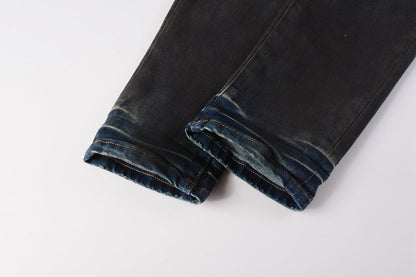 PURPLE Men Streetwear Skinny Jeans Dark Gray Wash with White Paint Splatter and Brush Strokes 9036